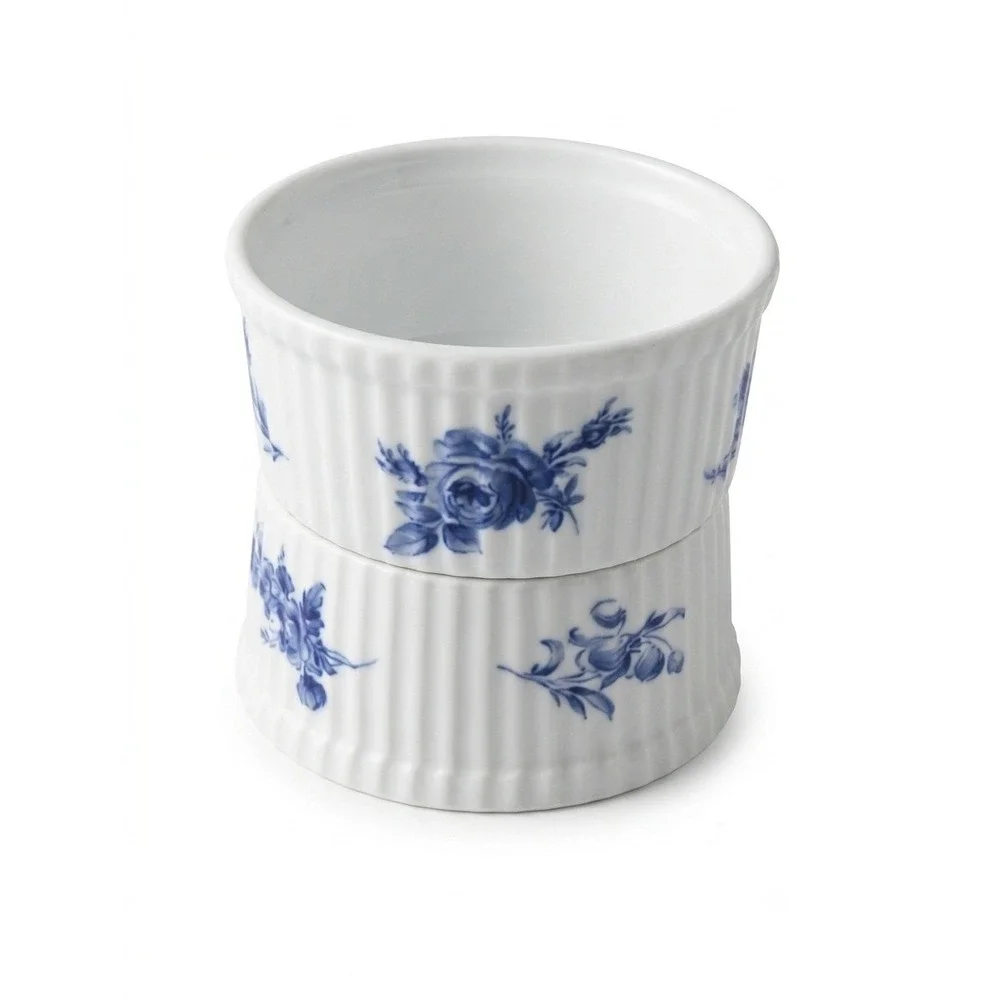 Set of 2 Vintage Apilco France Blue Rose Toile Porcelain Ribbed Soufflé Ramekins